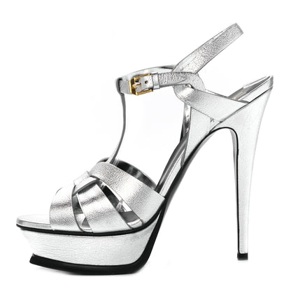 Saint Laurent Metallic Calfskin Tribute 105 Platform Sandals 40.5 Silver 1 of 7
