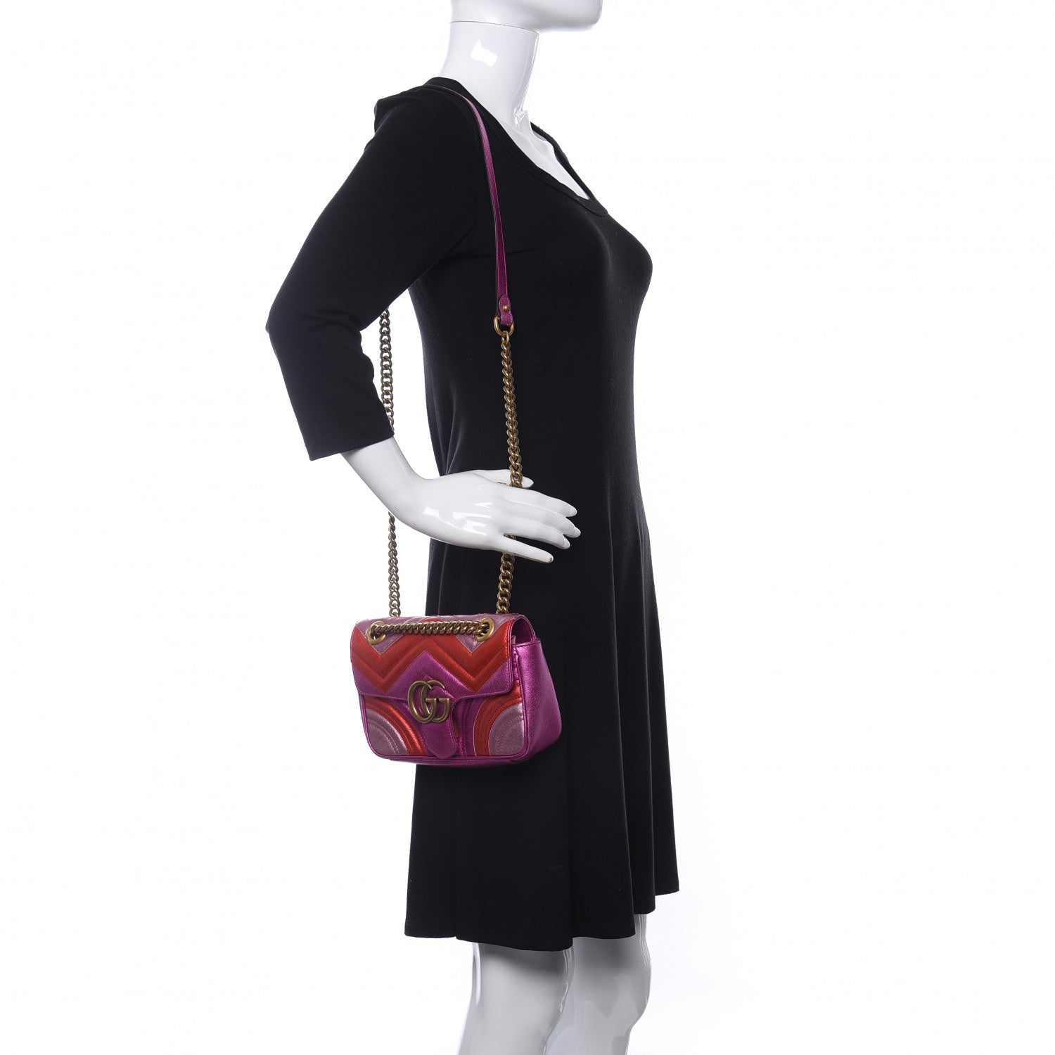 Gucci Metallic Calfskin Matelasse Mini GG Marmont Shoulder Bag Fuchsia 2 of 9
