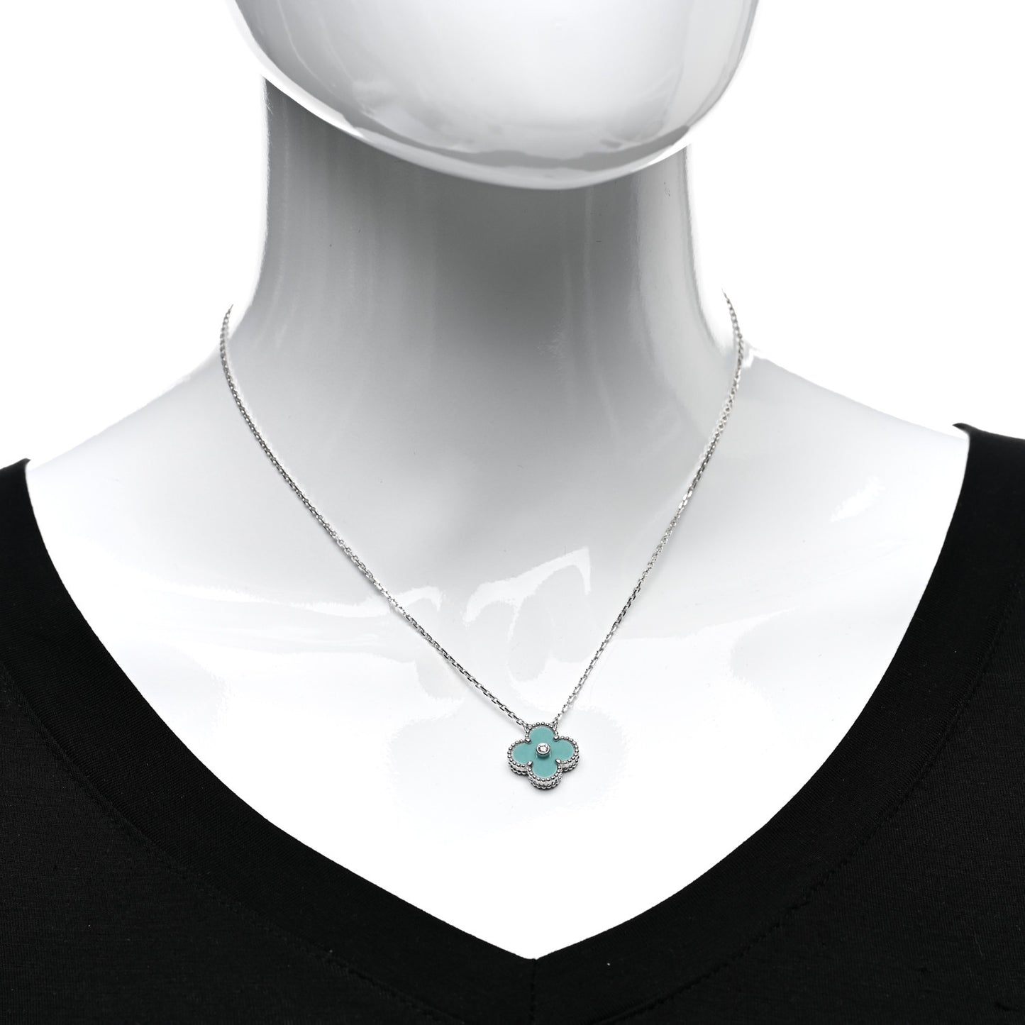 18K White Gold Diamond Celadon Green Sevres Porcelain Vintage Alhambra Pendant Necklace