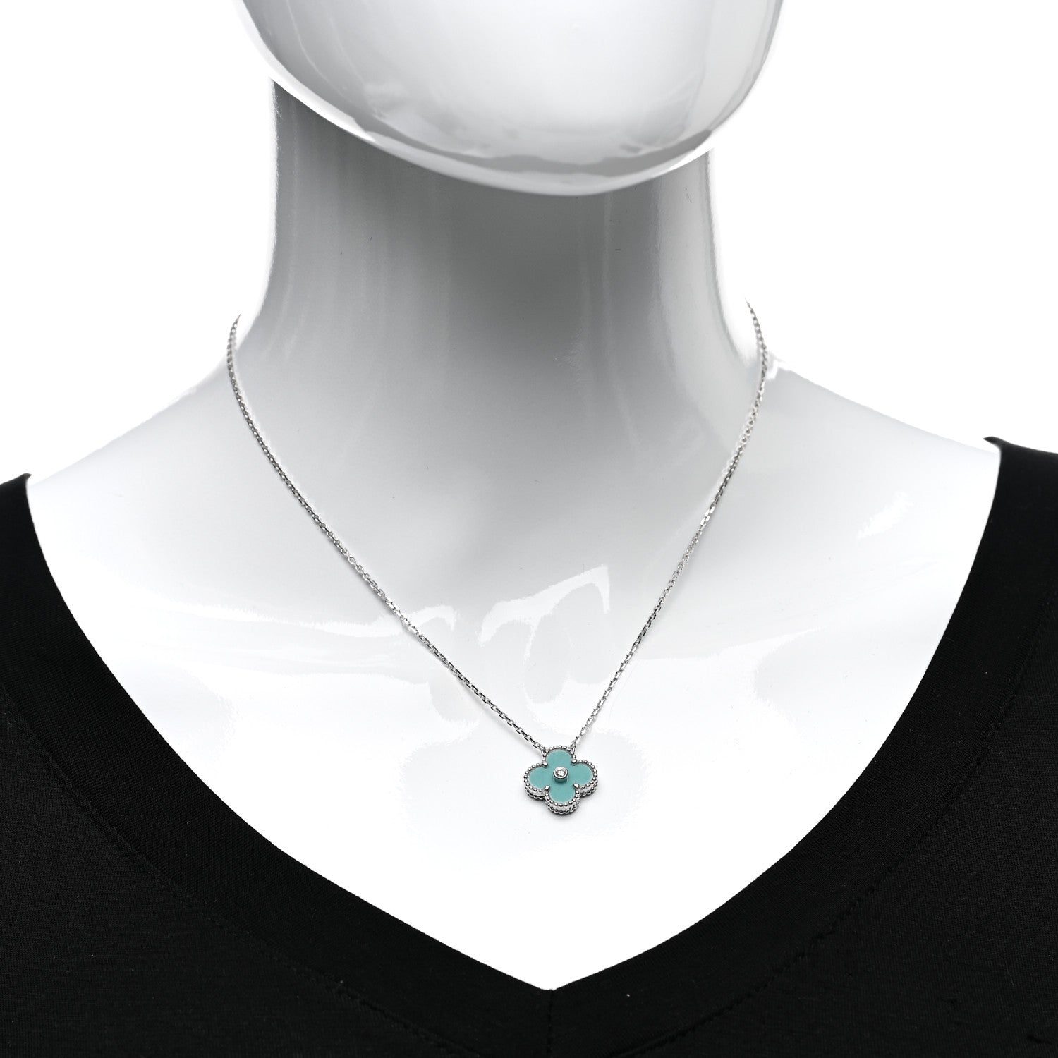Van Cleef & Arpels 18K White Gold Diamond Celadon Green Sevres Porcelain Vintage Alhambra Pendant Necklace 2 of 6