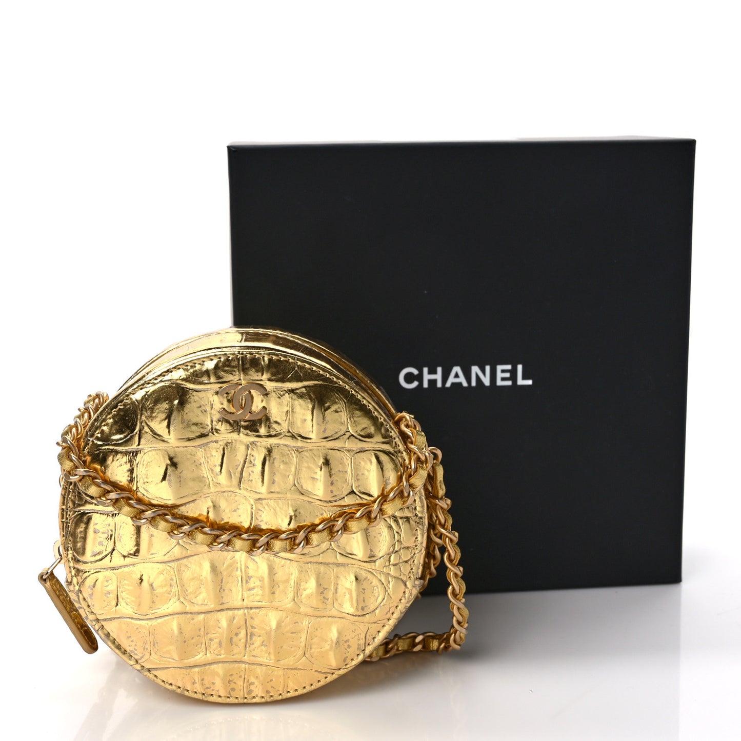 Metallic Calfskin Crocodile Embossed Cocodile Round Clutch with Chain Gold