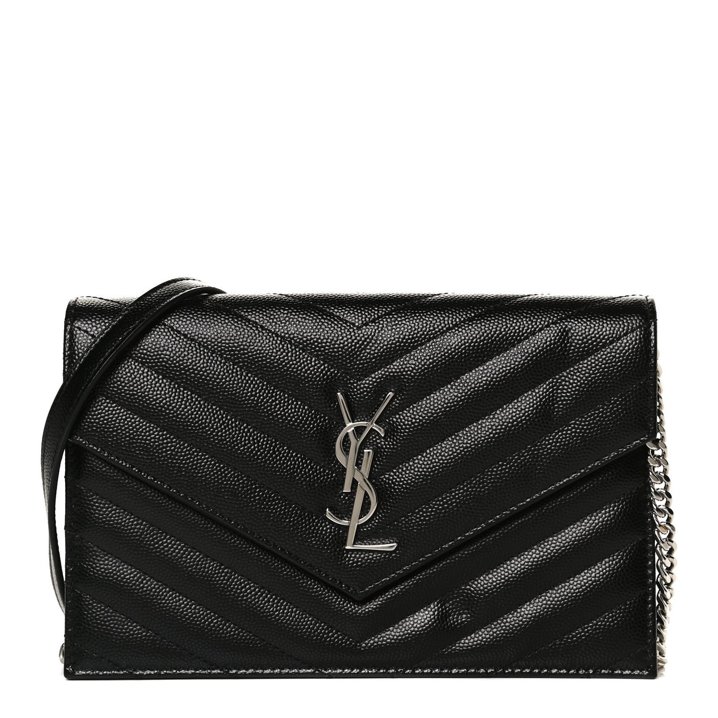 Grain De Poudre Matelasse Chevron Monogram Envelope Chain Wallet Black