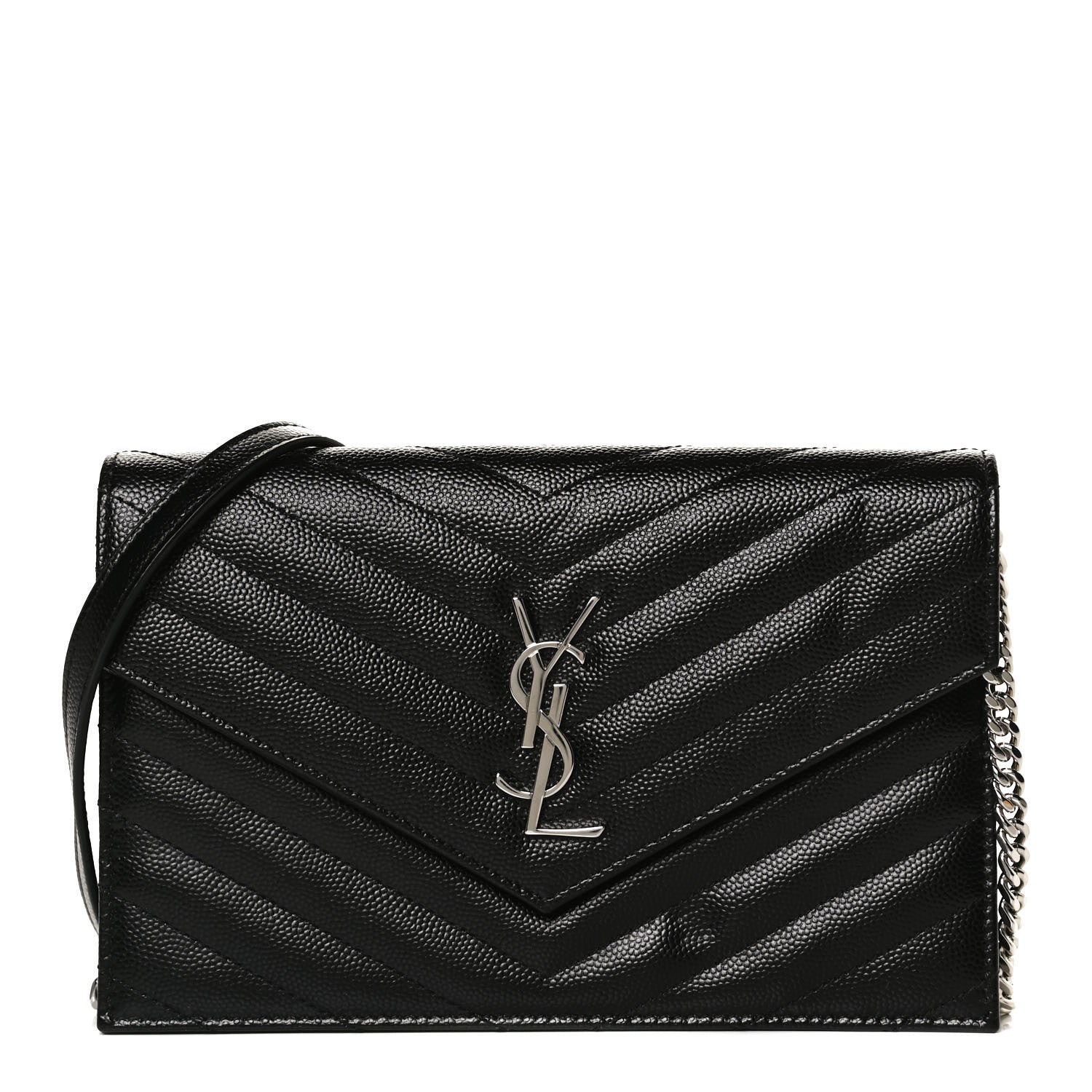 Saint Laurent Grain De Poudre Matelasse Chevron Monogram Envelope Chain Wallet Black 8 of 12