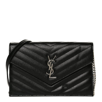 Saint Laurent Grain De Poudre Matelasse Chevron Monogram Envelope Chain Wallet Black 8 of 12