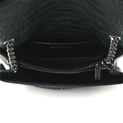 Saint Laurent Calfskin Crocodile Embossed Medium West Hollywood Monogram Fold-Over Black 5 of 15