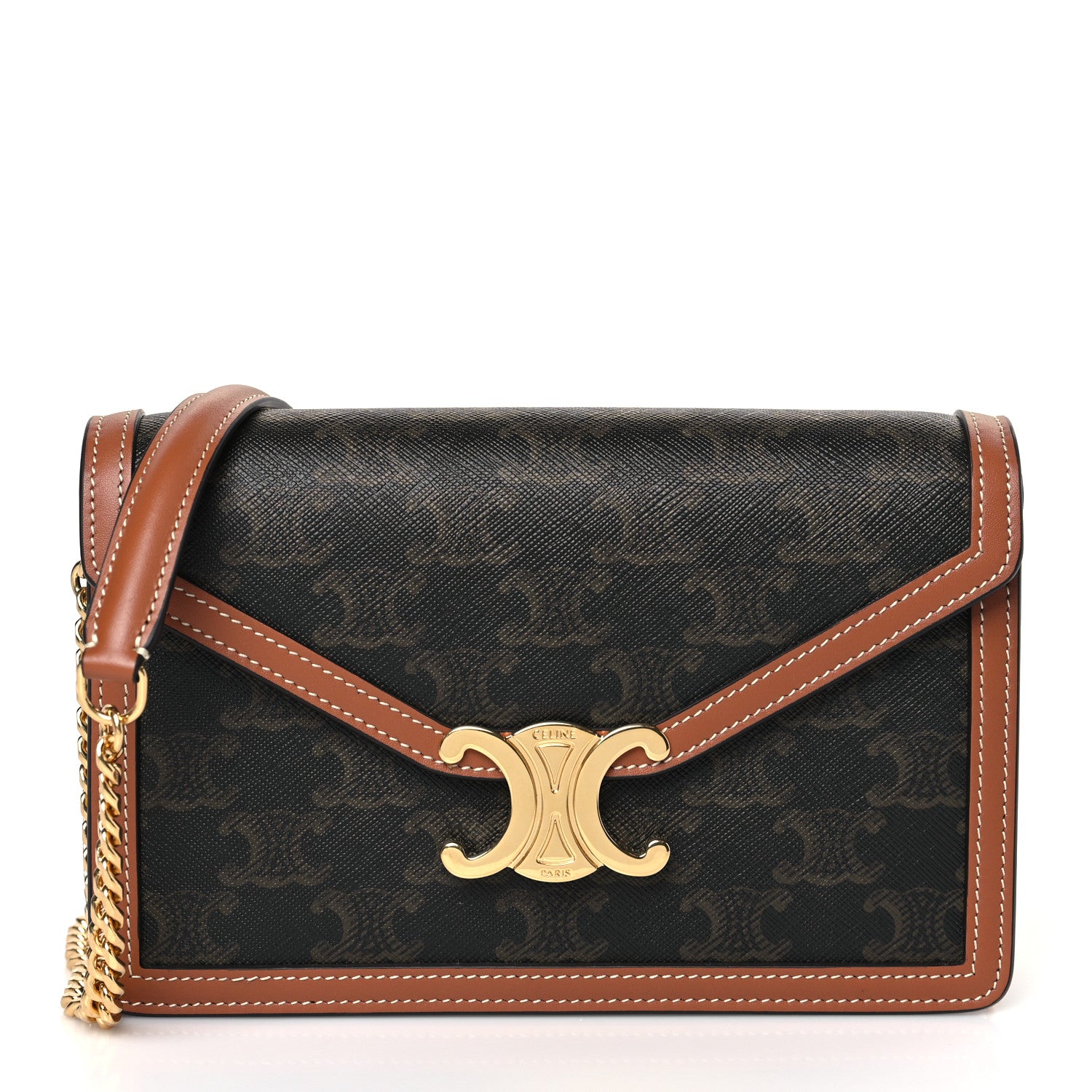 Celine Triomphe Canvas Calfskin Wallet on Chain Tan 1 of 9