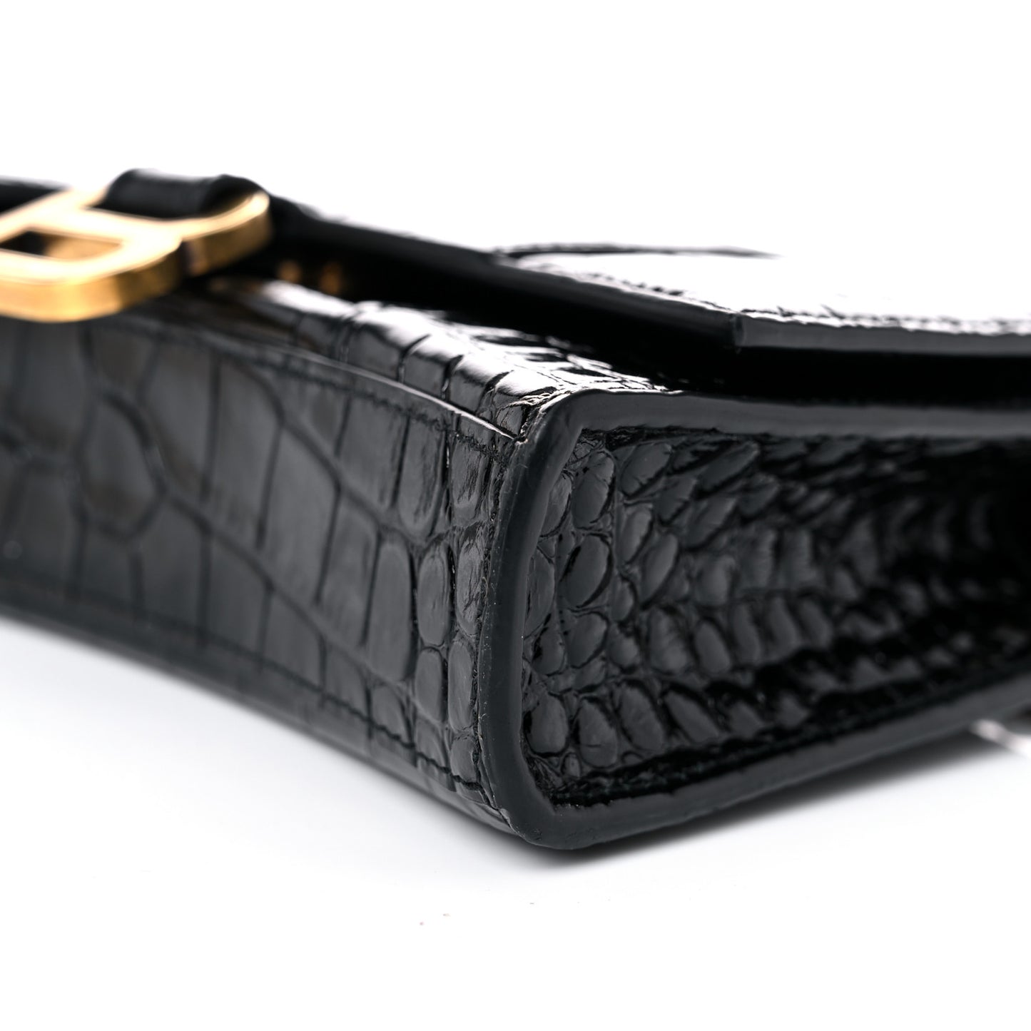 Shiny Calfskin Crocodile Embossed Hourglass Chain Bag Black