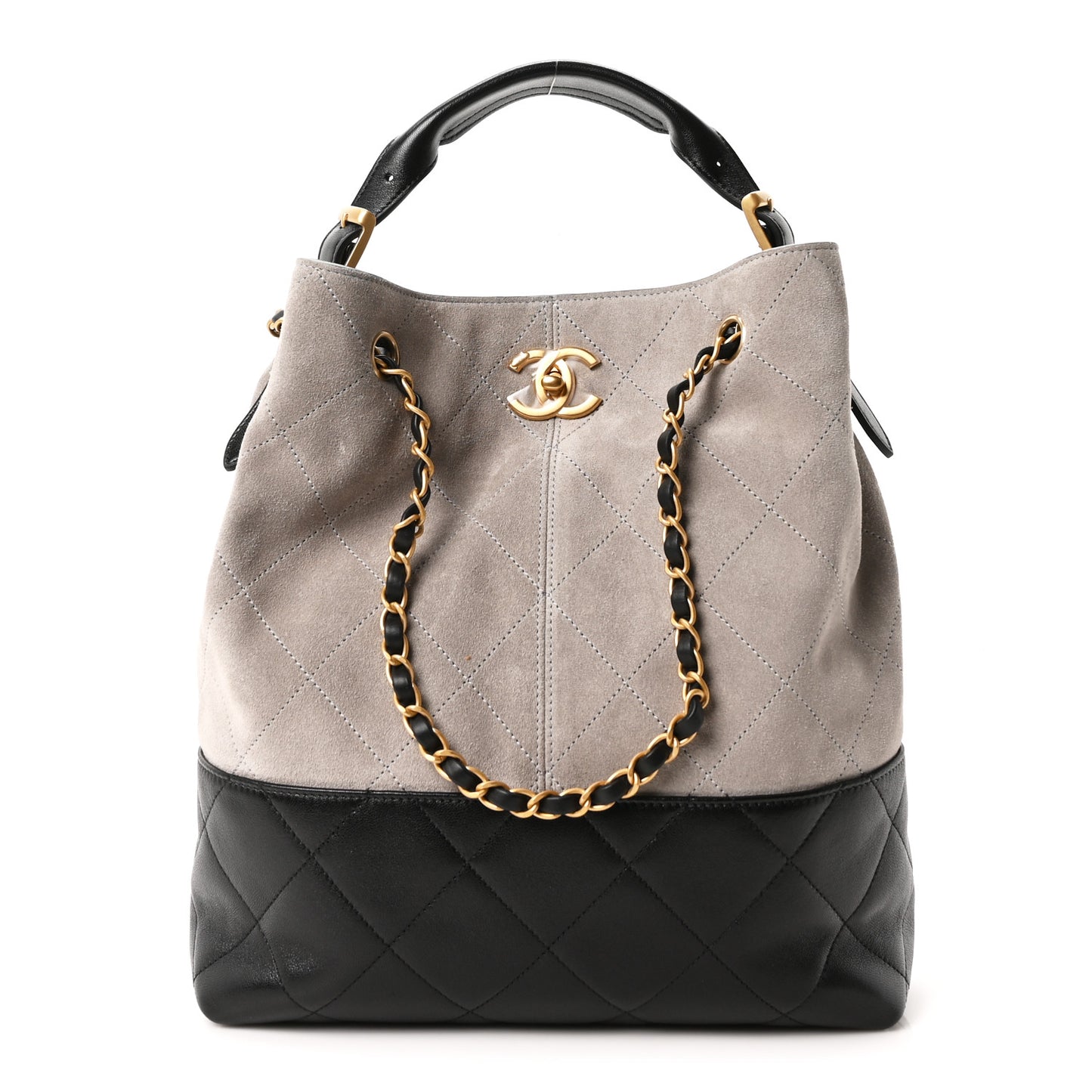 Suede Calfskin Shiny Lambskin Quilted Coco Base Shopping Bag Grey Black