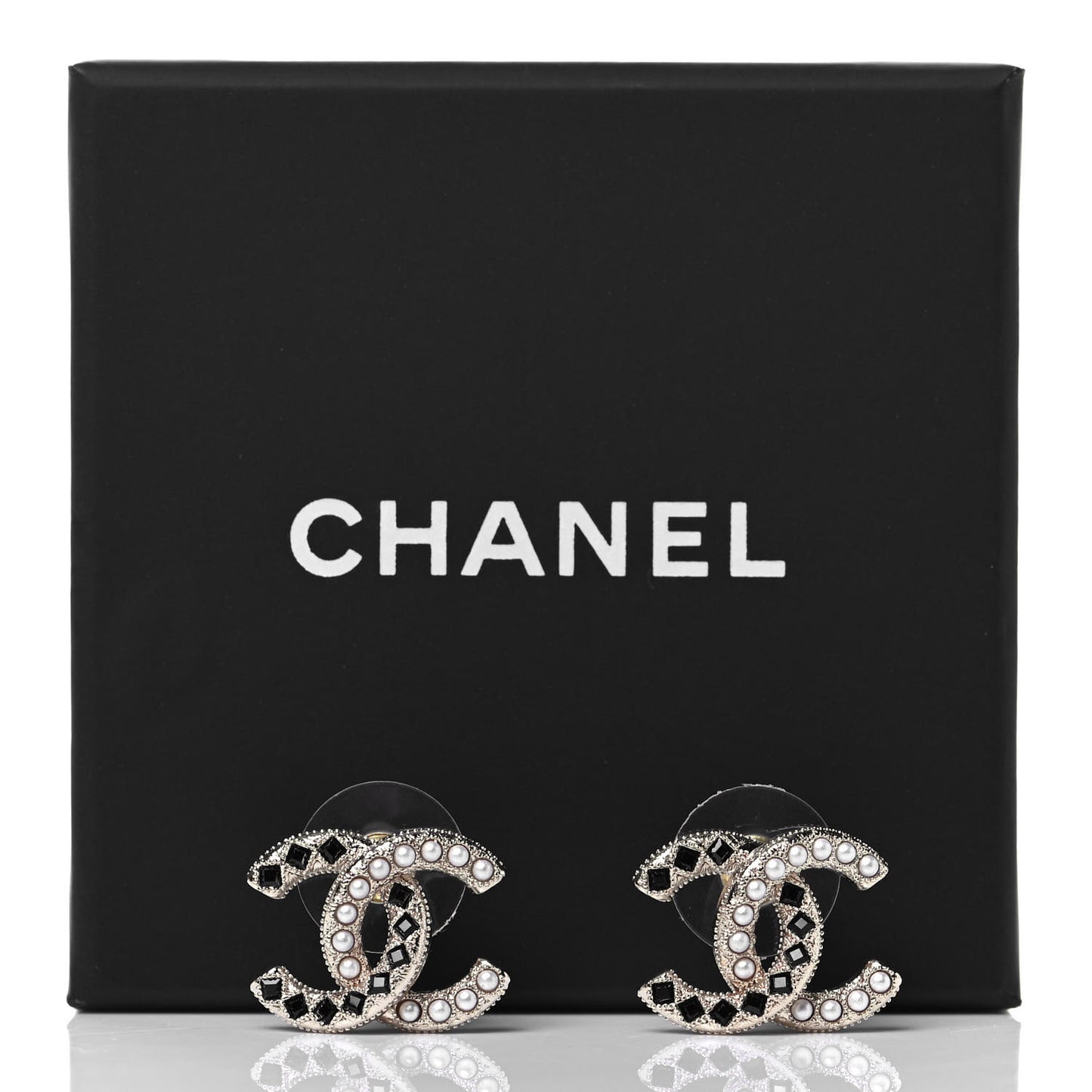 Baguette Crystal Pearl CC Earrings Gold Black