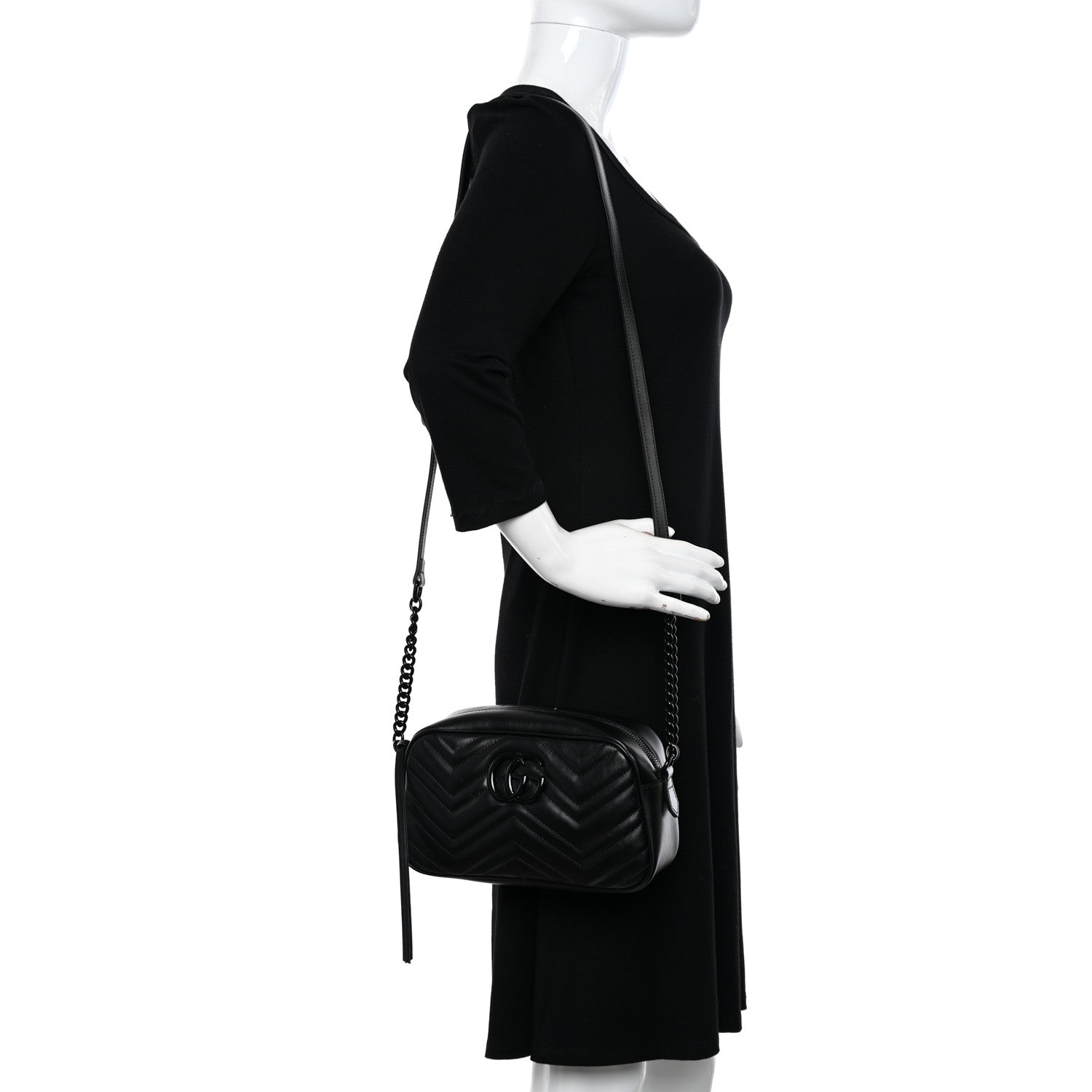 Gucci Calfskin Matelasse Monochrome Small GG Marmont Chain Shoulder Bag Black 2 of 10