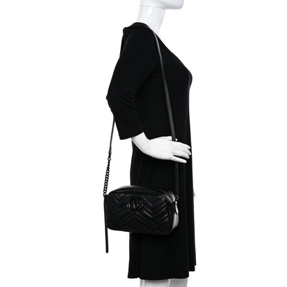 Gucci Calfskin Matelasse Monochrome Small GG Marmont Chain Shoulder Bag Black 2 of 10