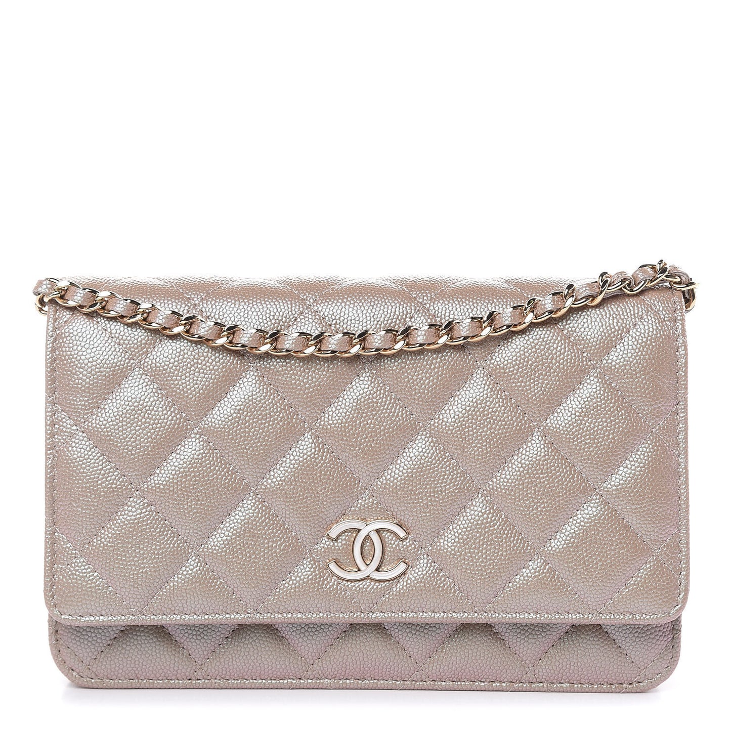 Iridescent Caviar Quilted Wallet On Chain WOC Beige
