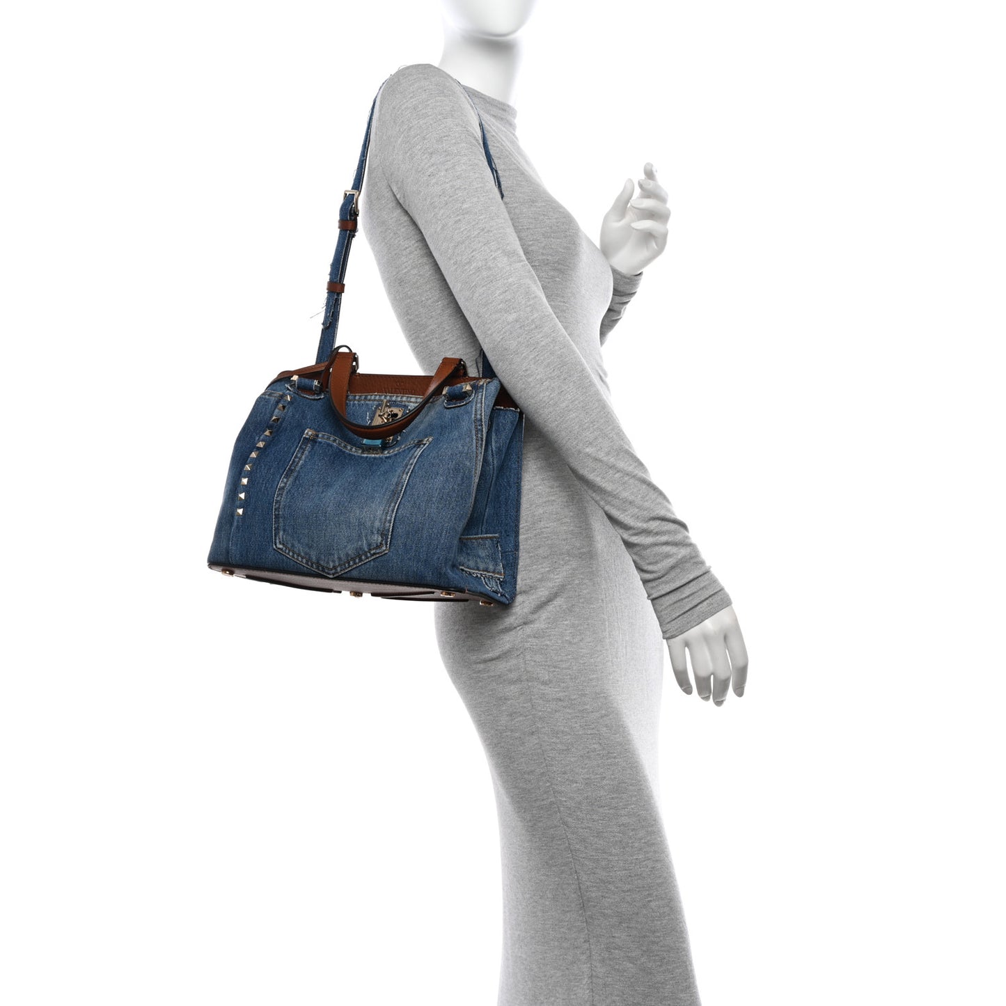 Calfskin Denim Rockstud Medium Joylock Satchel Blue