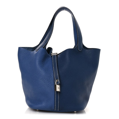 Hermes Taurillon Clemence Casaque Picotin Lock 22 MM Bleu Saphir Bleu Brighton 1 of 10