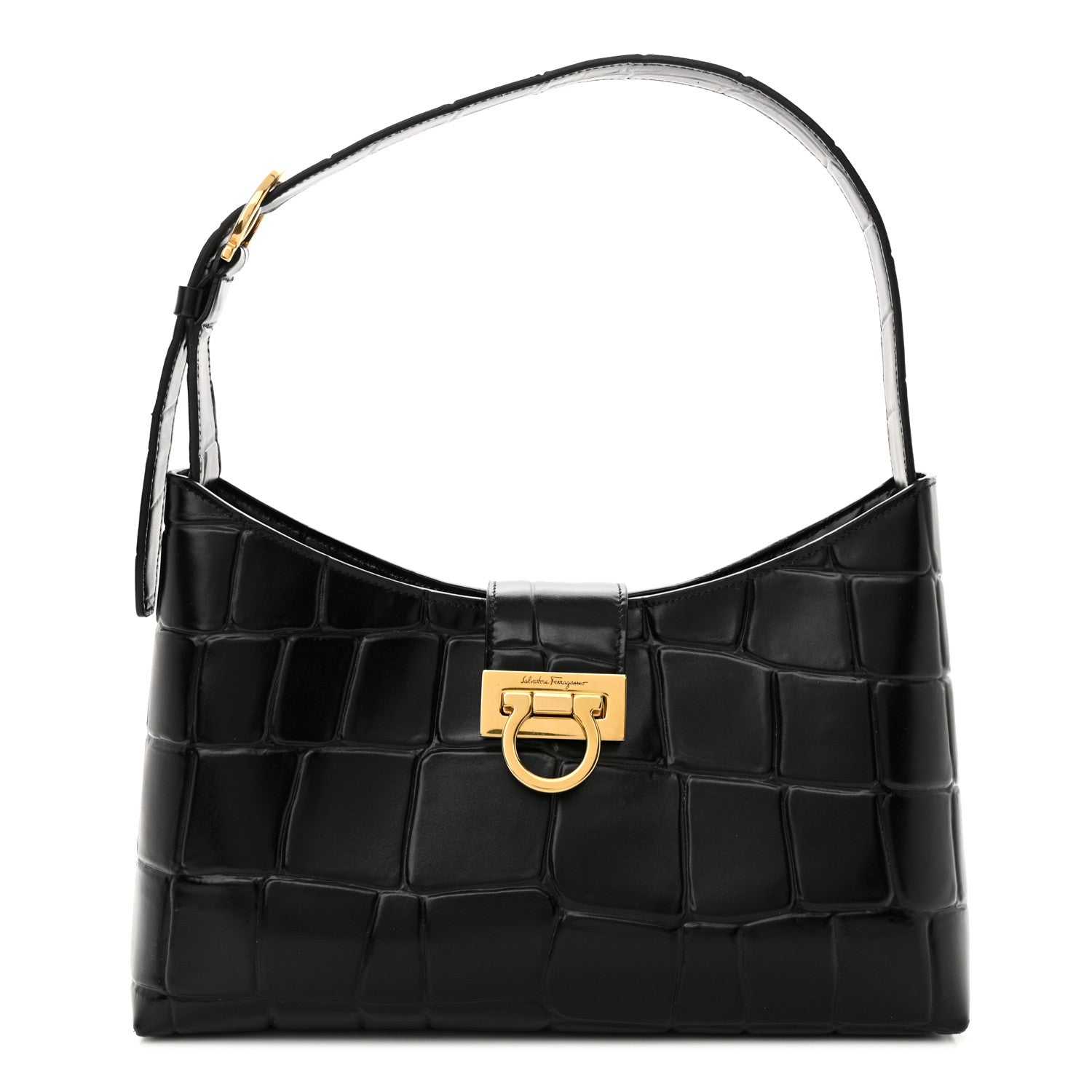 Salvatore Ferragamo Calfskin Crocodile Embossed Trifolio Shoulder Bag Black 1 of 10