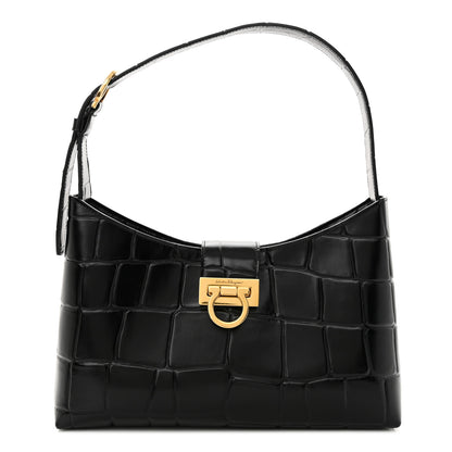 Salvatore Ferragamo Calfskin Crocodile Embossed Trifolio Shoulder Bag Black 1 of 10