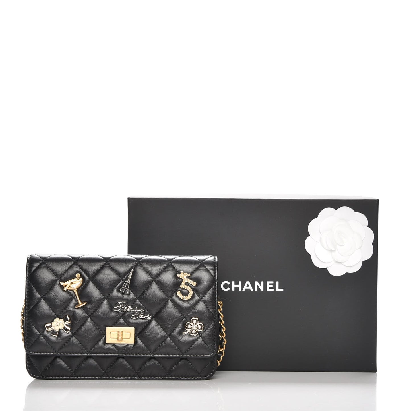 Aged Calfskin Quilted Lucky Charms 2.55 Reissue Wallet On Chain WOC Black