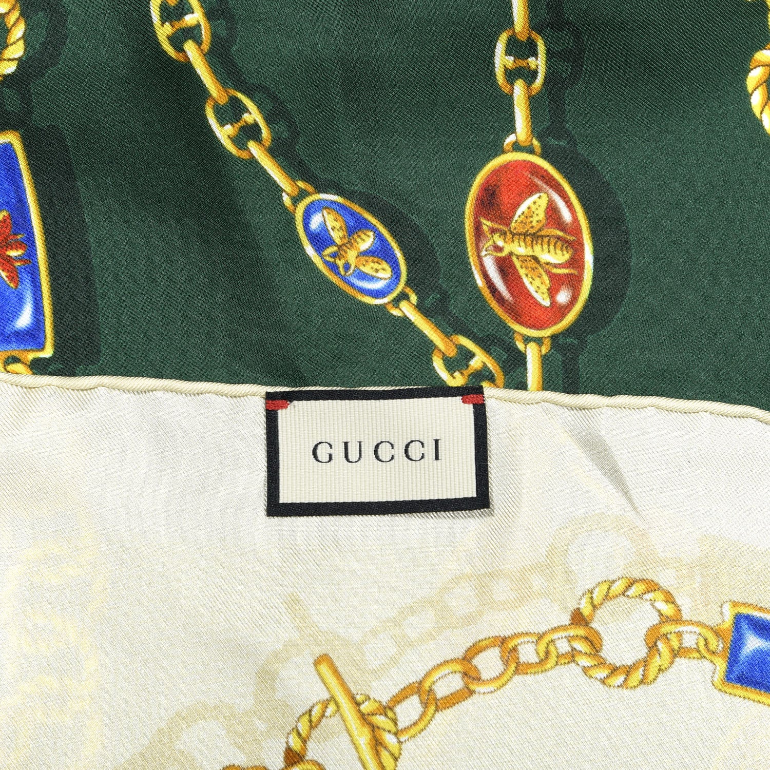 Gucci Silk Twill Chain Print Square Scarf Ivory Dark Green 4 of 4
