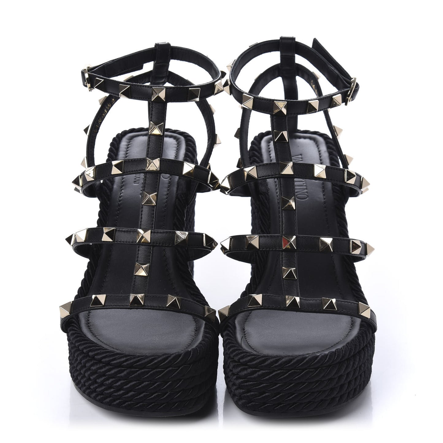 Calfskin Rockstud Ankle Strap Torchon Espadrille Caged 25/95mm Wedge Sandals 37 Black