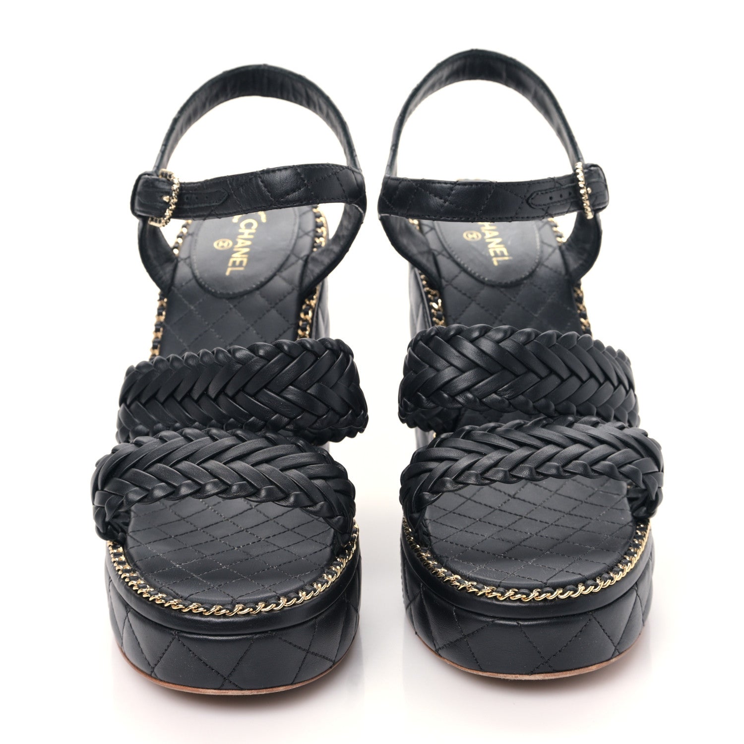 Chanel Calfskin Quilted Chain Around Wedge Sandals 41 Black 2 of 8