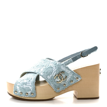 Chanel Jacquard Studded Slingback Clog Sandals 39 Turquoise White 1 of 9