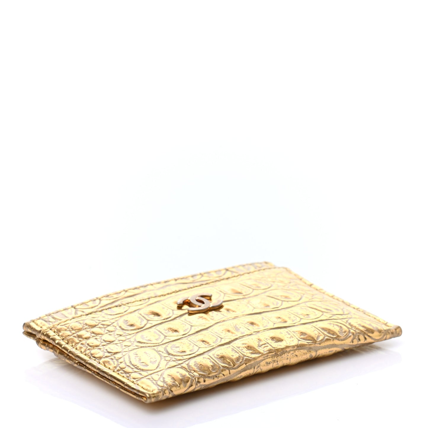 Metallic Calfskin Crocodile Embossed Cocodile Card Holder Gold