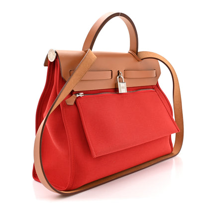 Hermes Vache Hunter Toile Herbag Zip 31 PM Rouge Tomate Natural 4 of 11