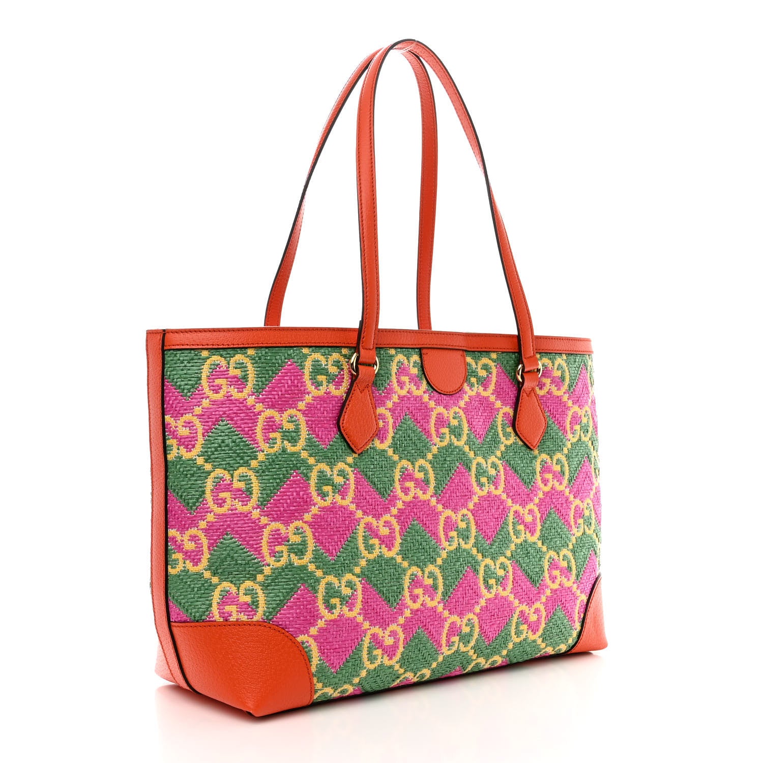 Gucci Straw Textured Dollar Calfskin Hawaii Medium Ophidia Shopping Tote New Shamarock Magenta Bright Yellow Deep Orange Peanut Brown 3 of 11
