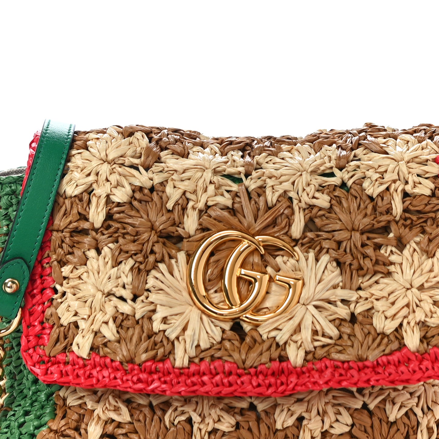 Raffia Azalea Calfskin Crochet Flower Small GG Marmont Shoulder Bag Natural Ecru Green Red New Shamarock