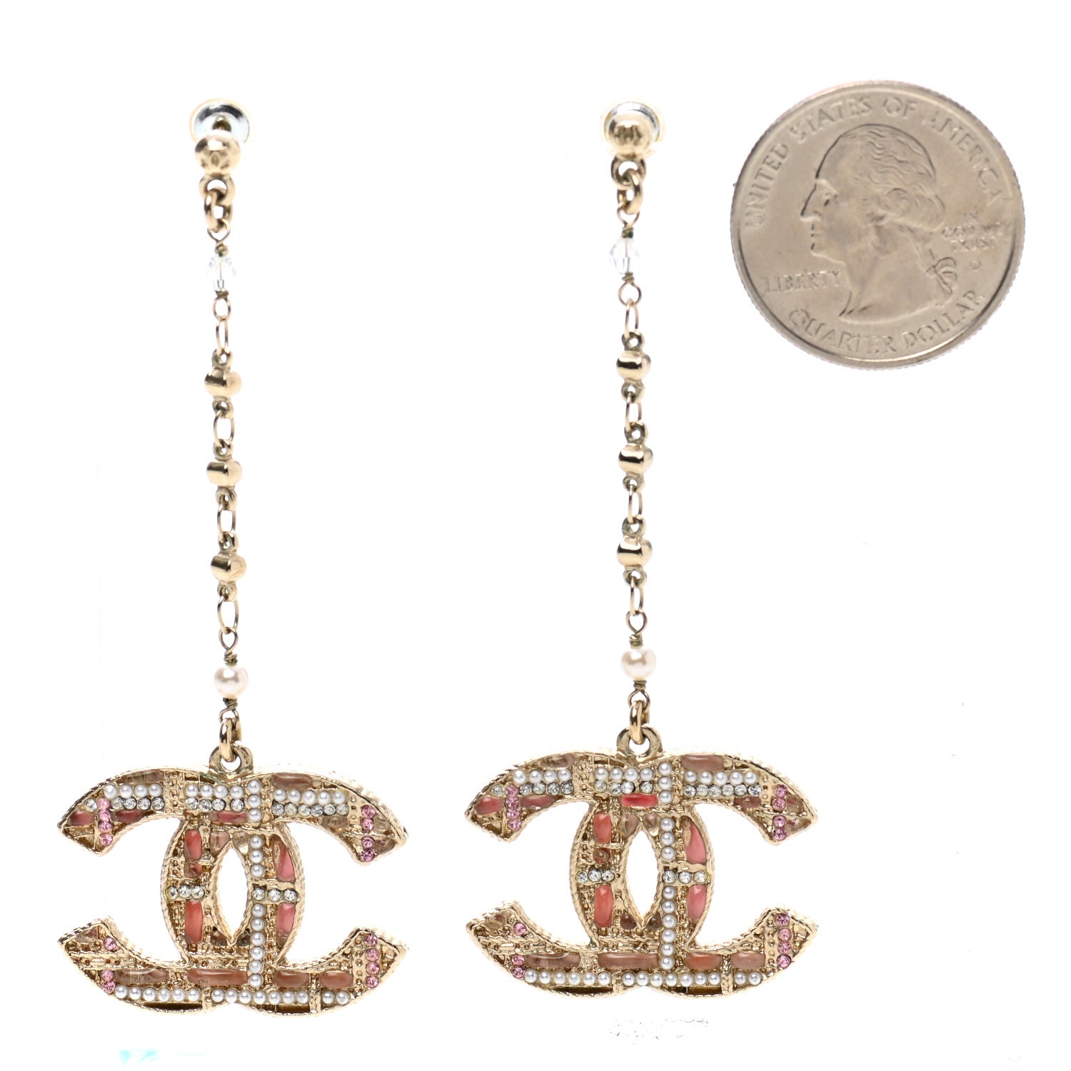 Chanel Pearl Crystal CC Tweed Drop Earrings Gold Pink Pearly White 2 of 3