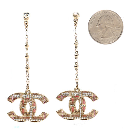 Chanel Pearl Crystal CC Tweed Drop Earrings Gold Pink Pearly White 2 of 3