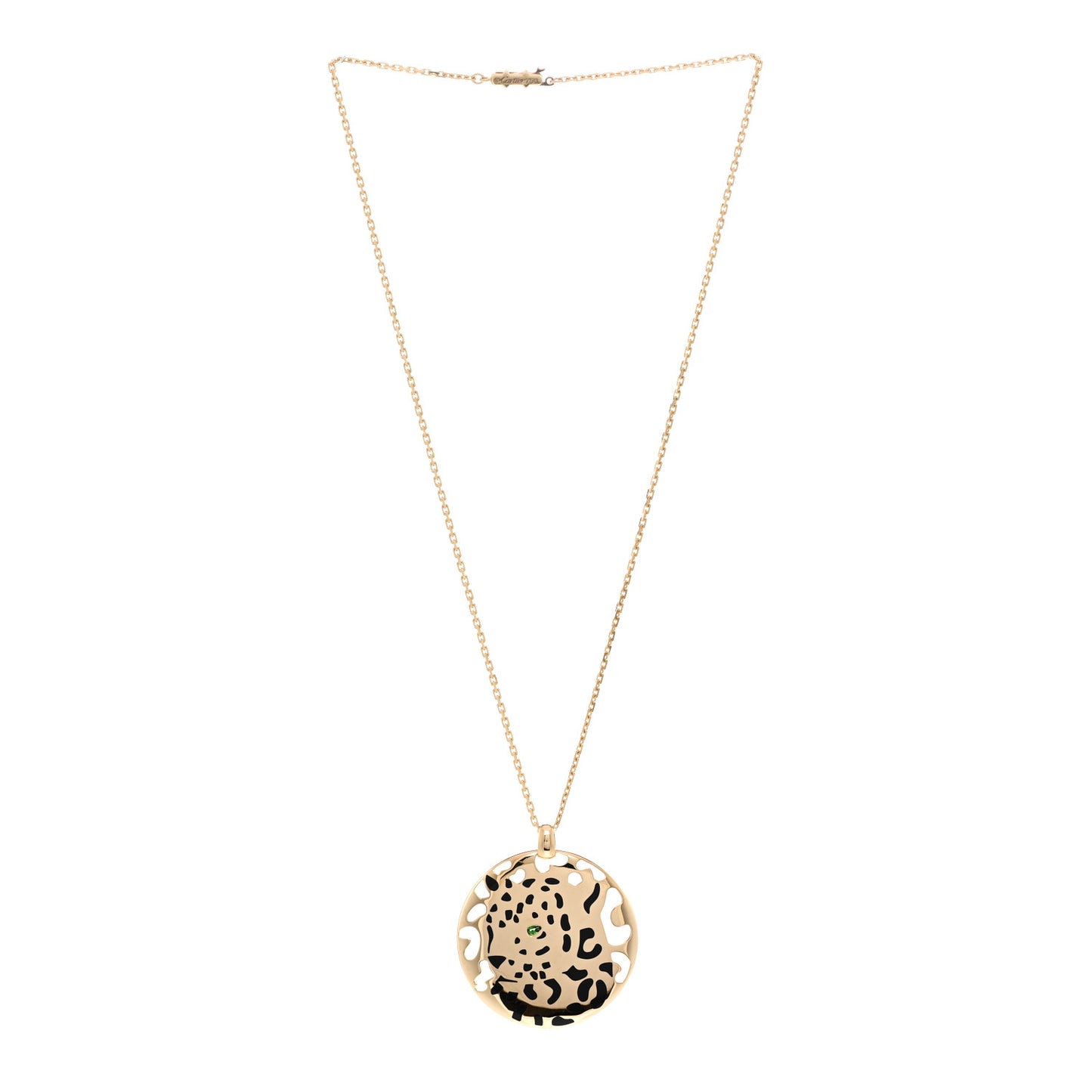 18K Yellow Gold Tsavorite Black Lacquer Panthere De Cartier Round Pendant Necklace