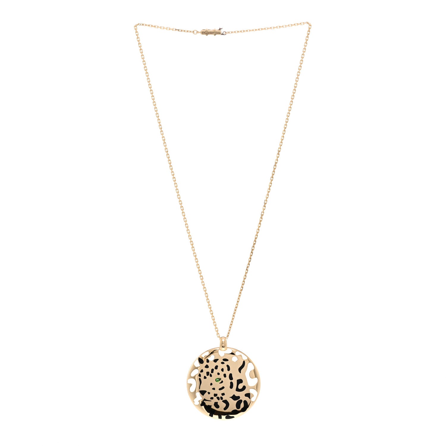 Cartier 18K Yellow Gold Tsavorite Black Lacquer Panthere De Cartier Round Pendant Necklace 3 of 5