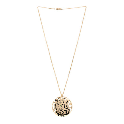 Cartier 18K Yellow Gold Tsavorite Black Lacquer Panthere De Cartier Round Pendant Necklace 3 of 5