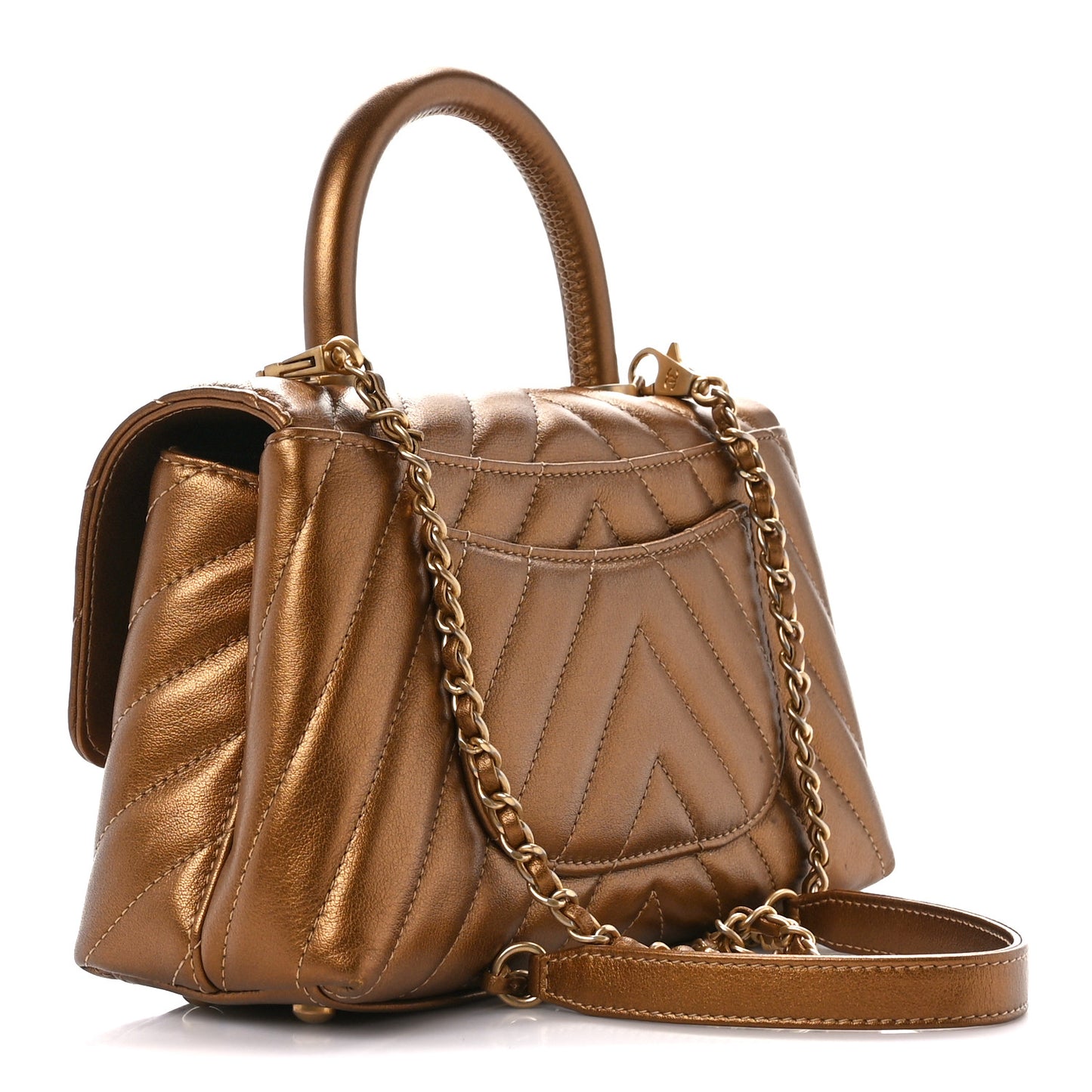 Metallic Calfskin Chevron Quilted Mini Coco Handle Flap Gold