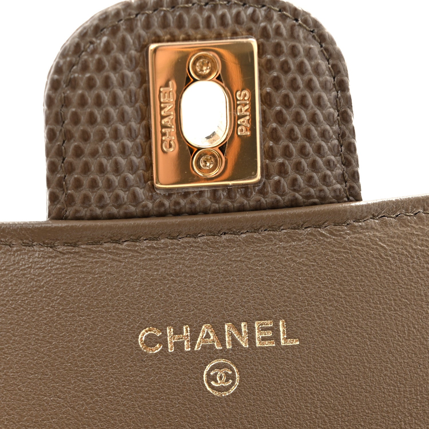 Chanel Calfskin Lizard Embossed Top Handle Long Clutch With Chain Dark Khaki 5 of 11