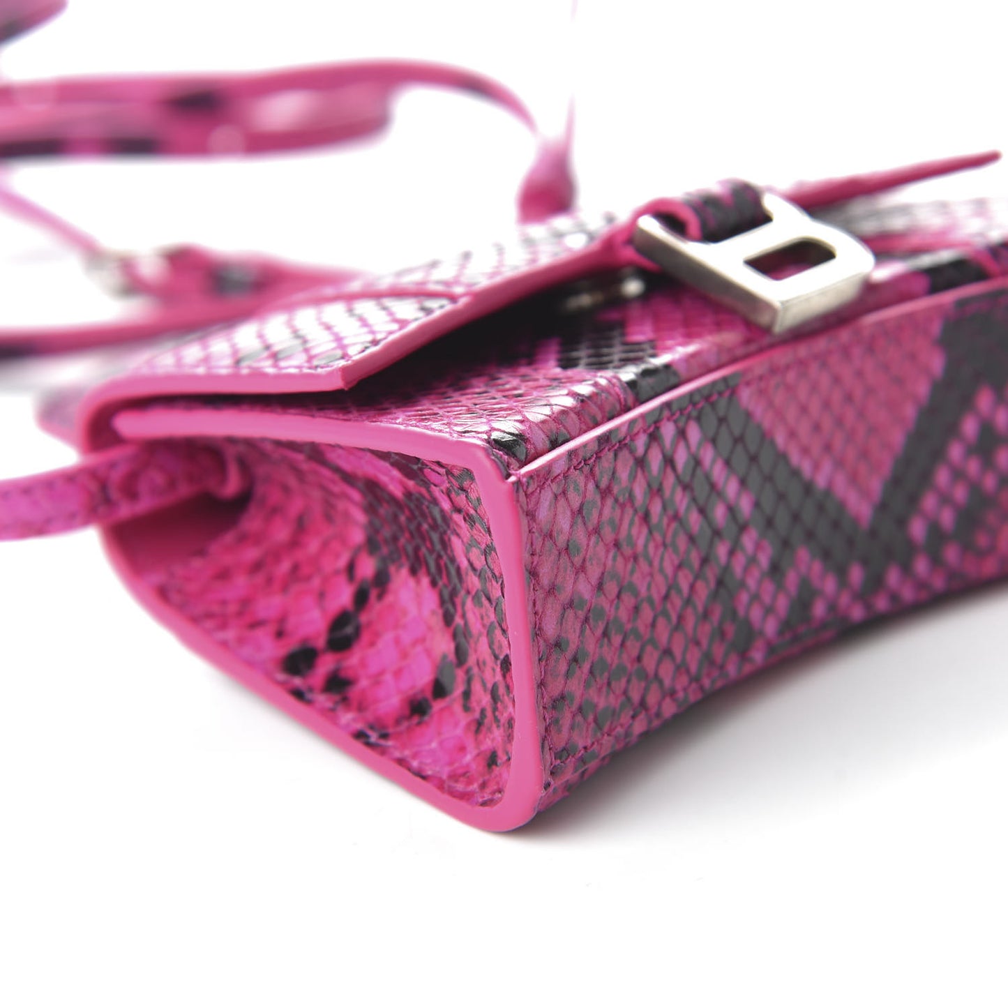 Shiny Calfskin Python Effect Hourglass Top Handle Bag Mini Fuchsia Black