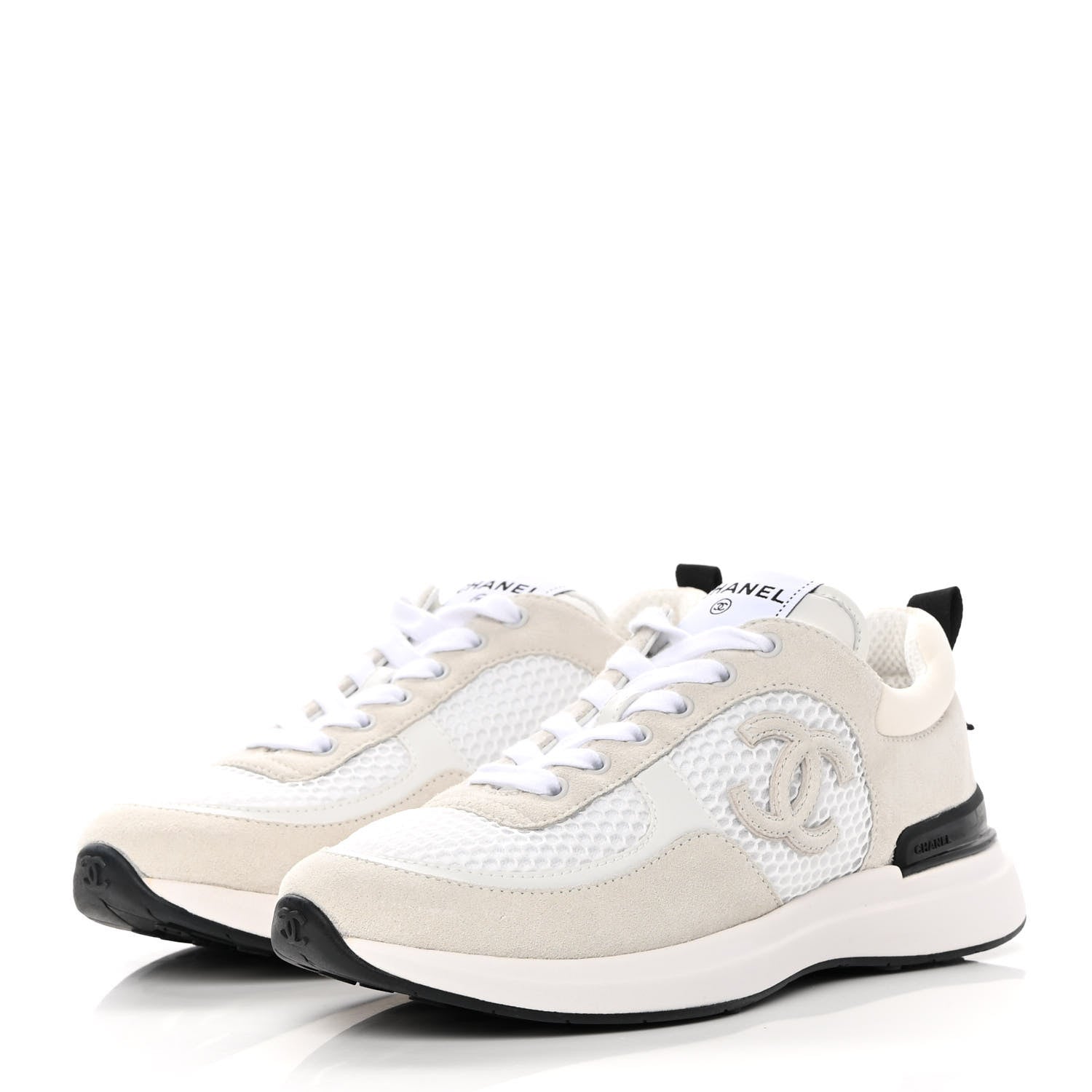 Chanel Calfskin Mesh Lycra Suede Womens Logo Sneakers 38.5 White 3 of 10