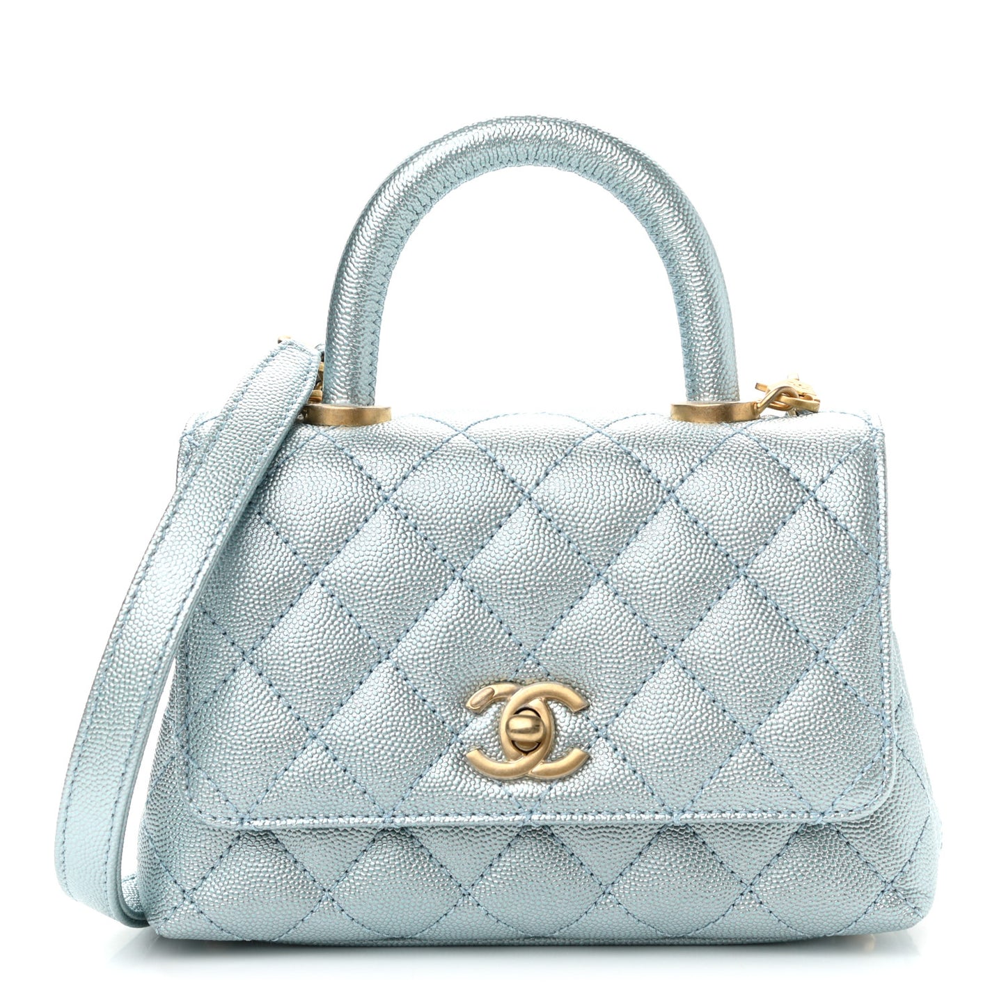 Metallic Caviar Quilted Extra Mini Coco Handle Flap Light Blue