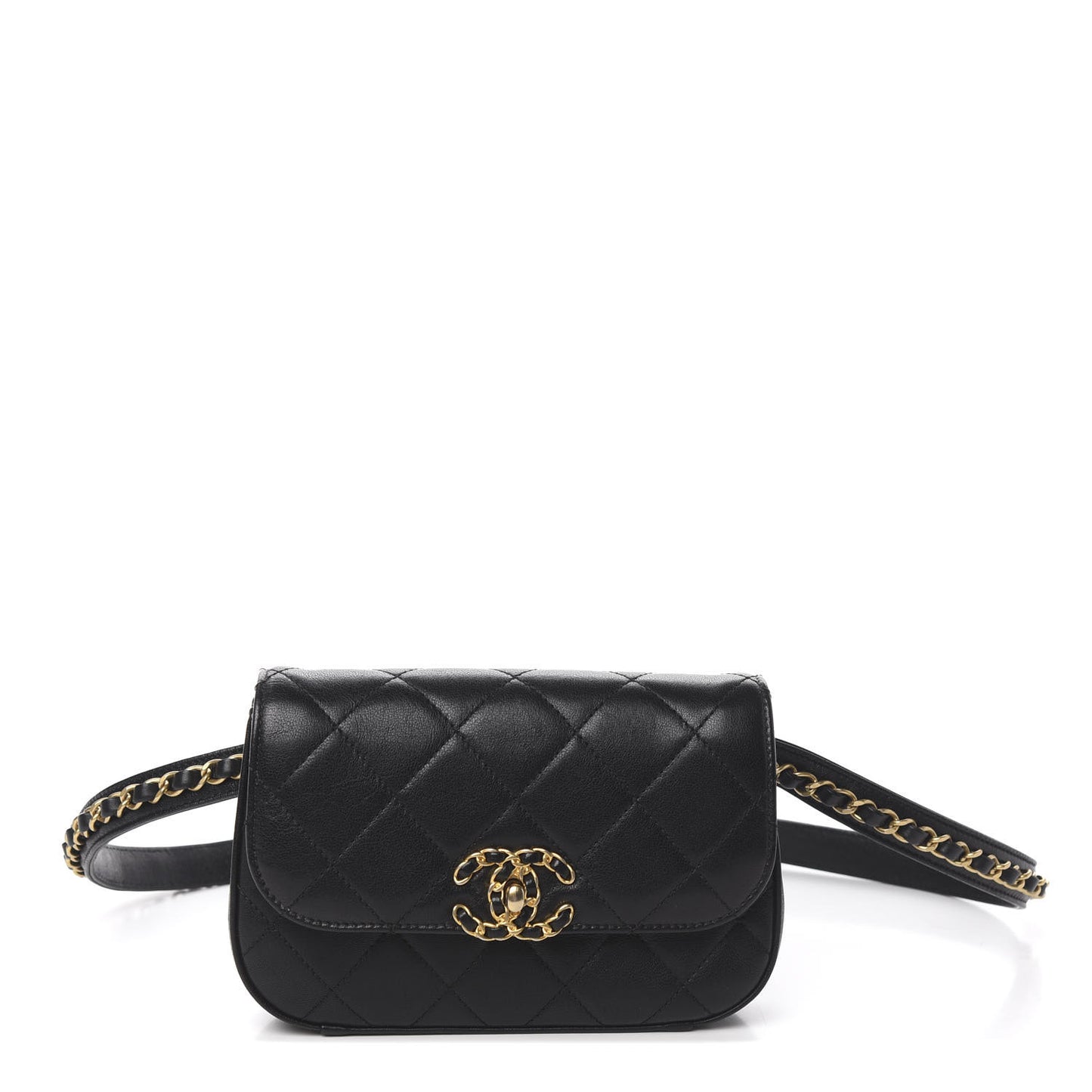 Lambskin Quilted Chain Infinity Waist Belt Bag Black