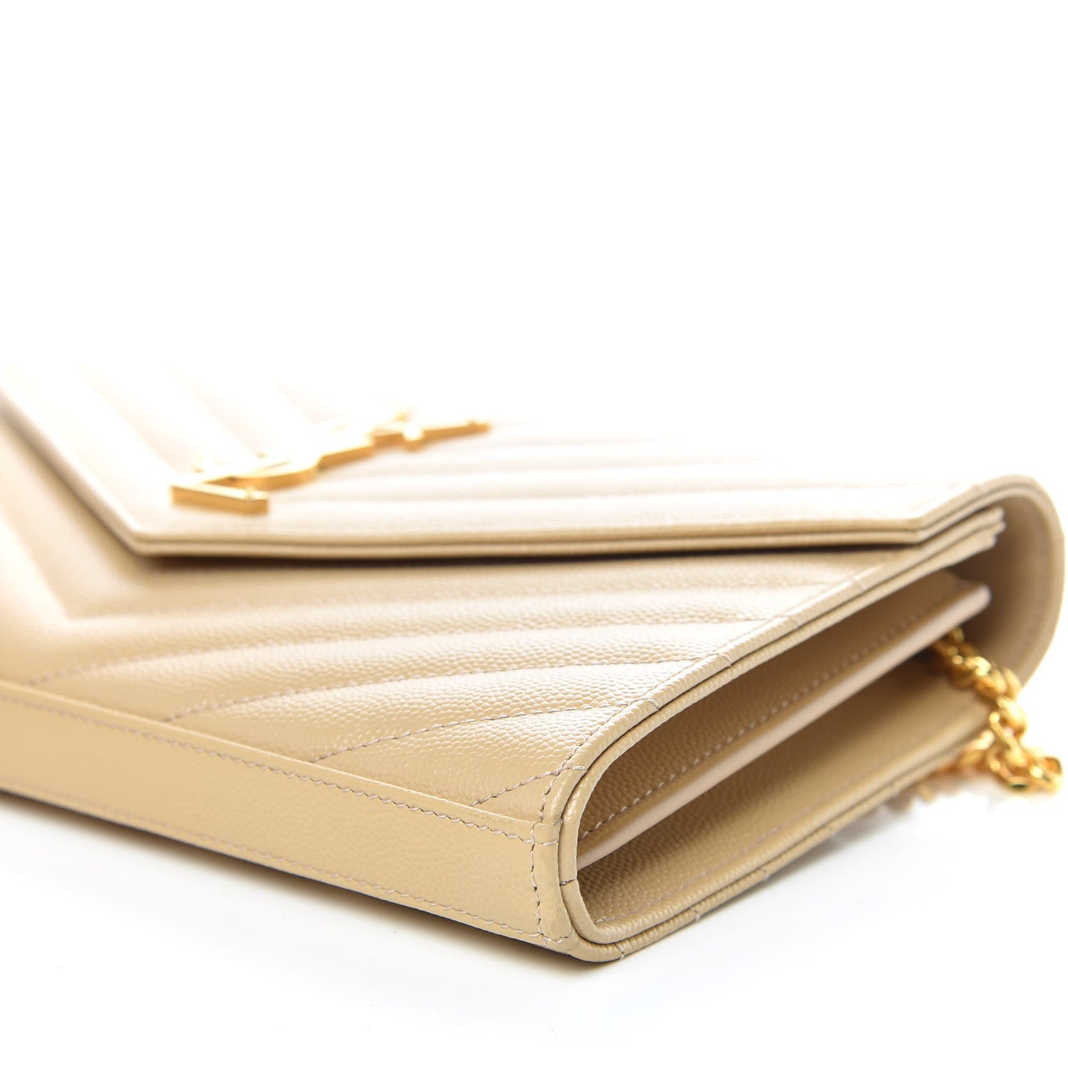 Saint Laurent Grain De Poudre Matelasse Chevron Monogram Chain Wallet Deep Beige 6 of 9