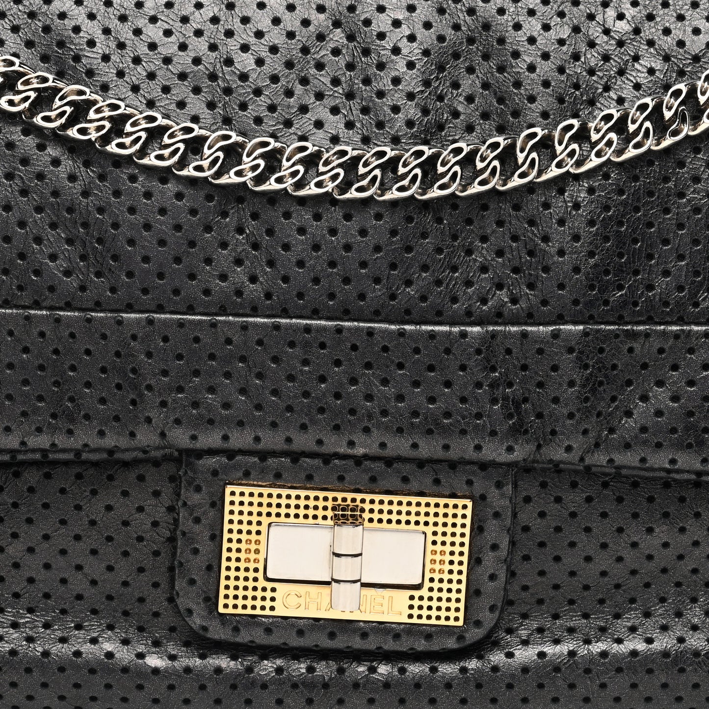 Metallic Crackled Calfskin Large Perforated Drill Flap Black