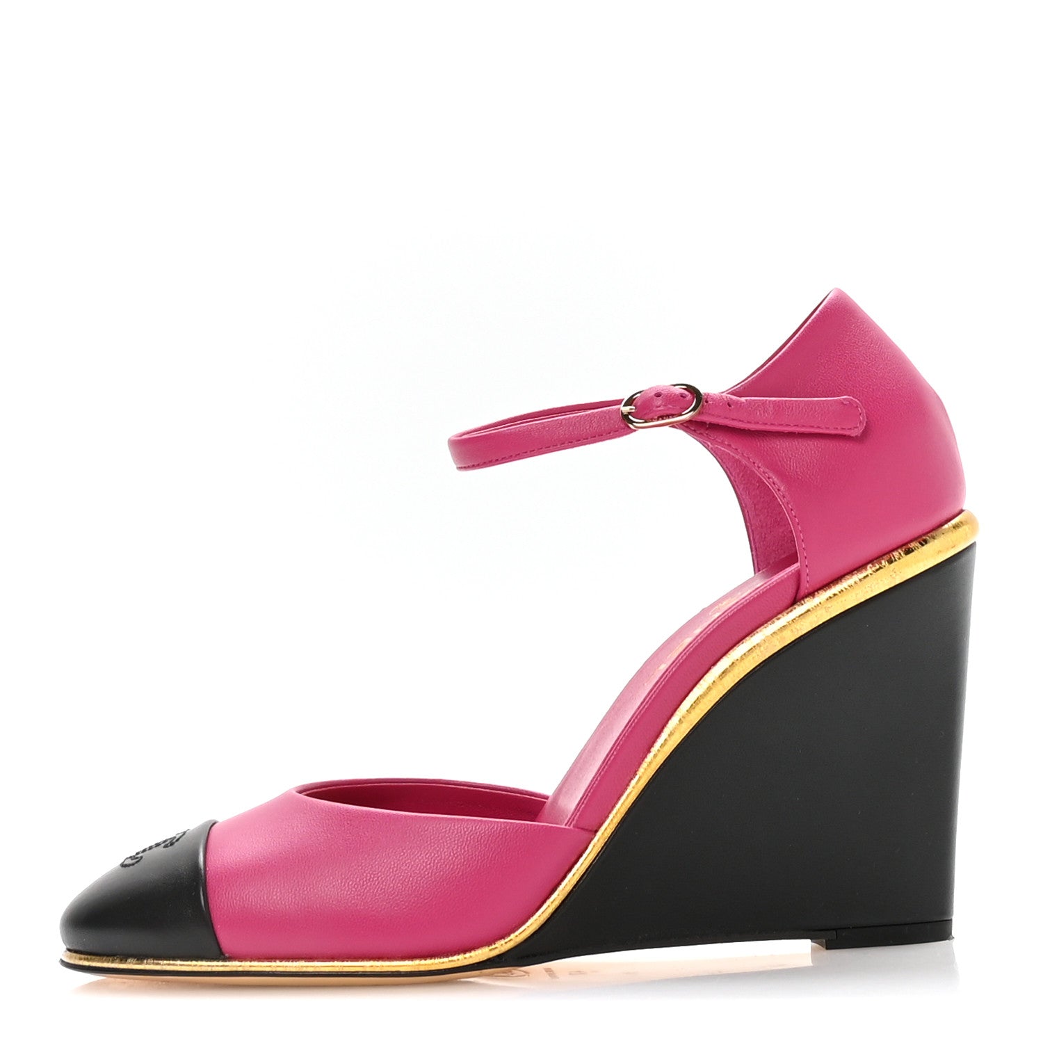 Chanel Lambskin Cap Toe Open Wedge Pumps 40 Fuchsia Black 1 of 9