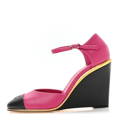Chanel Lambskin Cap Toe Open Wedge Pumps 40 Fuchsia Black 1 of 9
