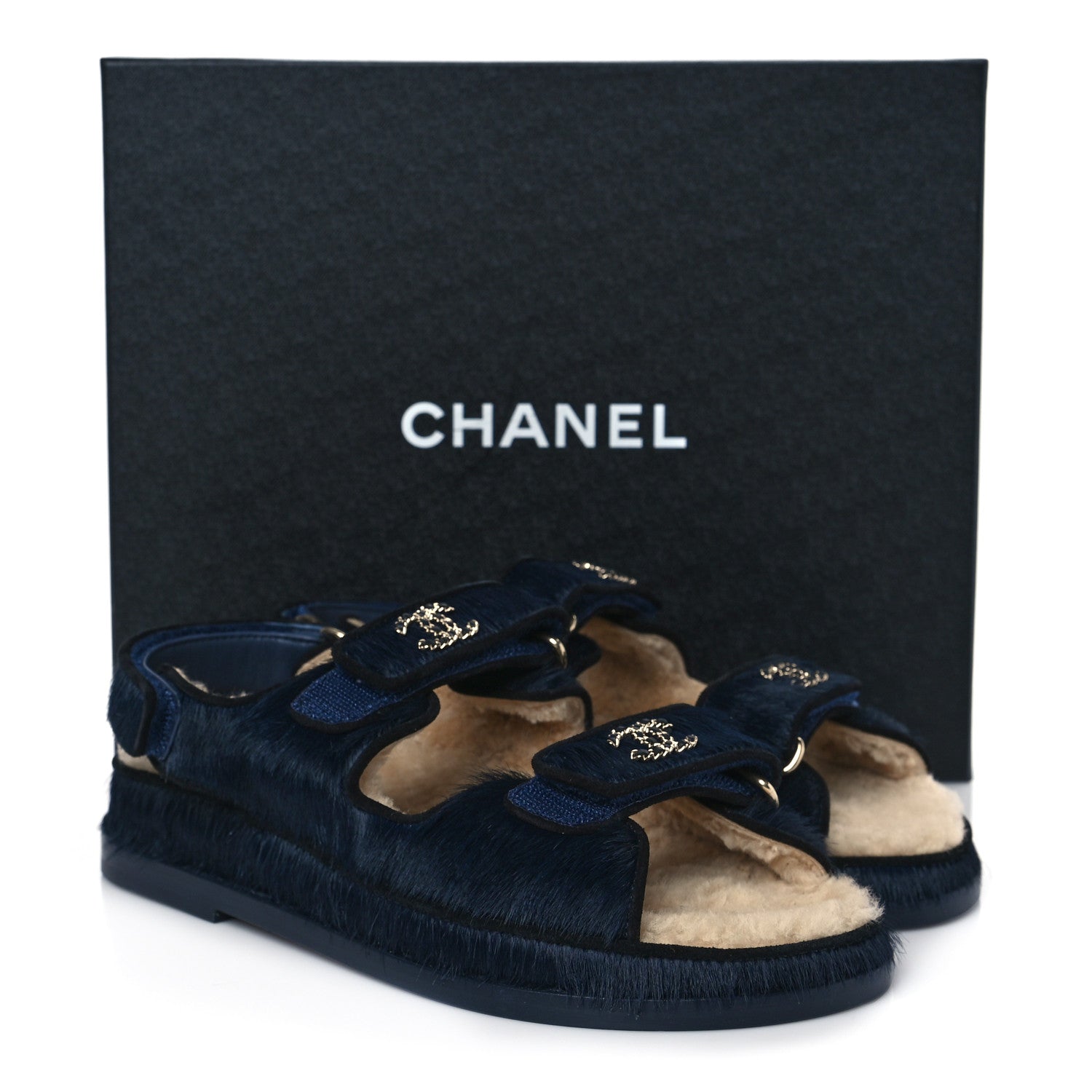 Chanel Calfskin Hair Suede Shearling Dad Sandals 37 Navy Black 9 of 9