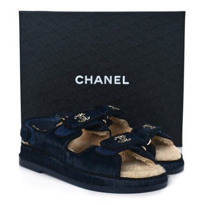 Chanel Calfskin Hair Suede Shearling Dad Sandals 37 Navy Black 9 of 9