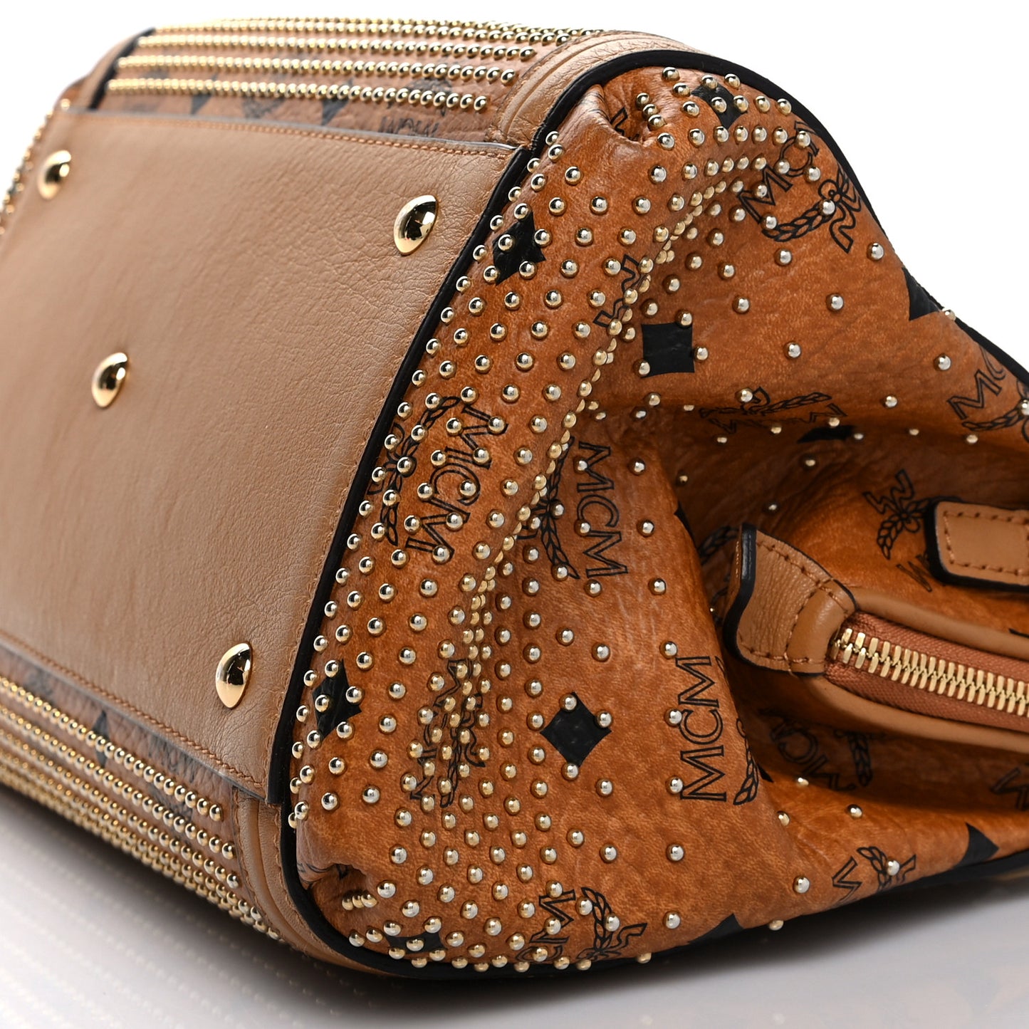 Visetos Studded Boston Satchel Cognac
