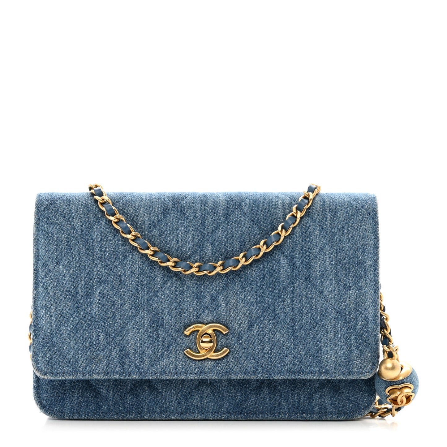Denim Quilted CC Pearl Crush Wallet on Chain WOC Blue