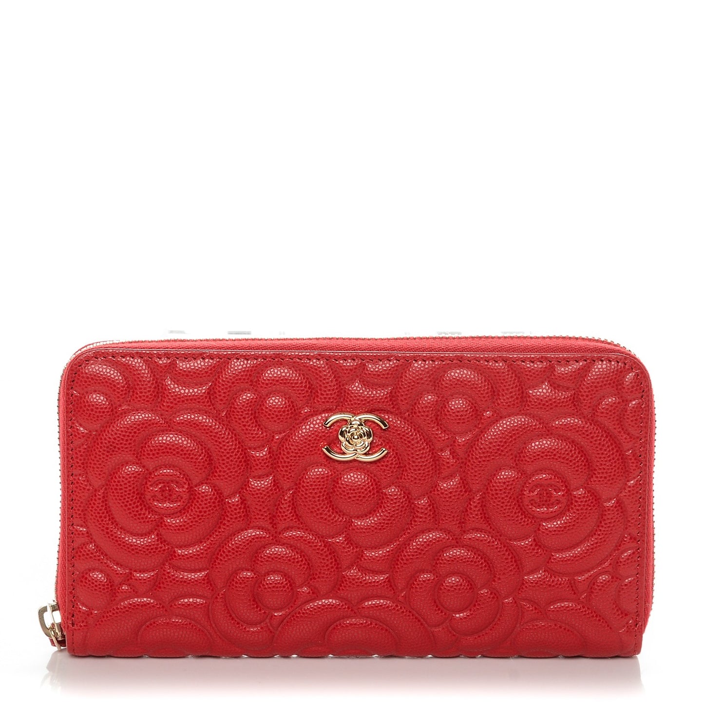 Caviar Camellia Embossed Zip Around Large Gusset Wallet Red