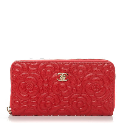Chanel Caviar Camellia Embossed Zip Around Large Gusset Wallet Red 1 of 8